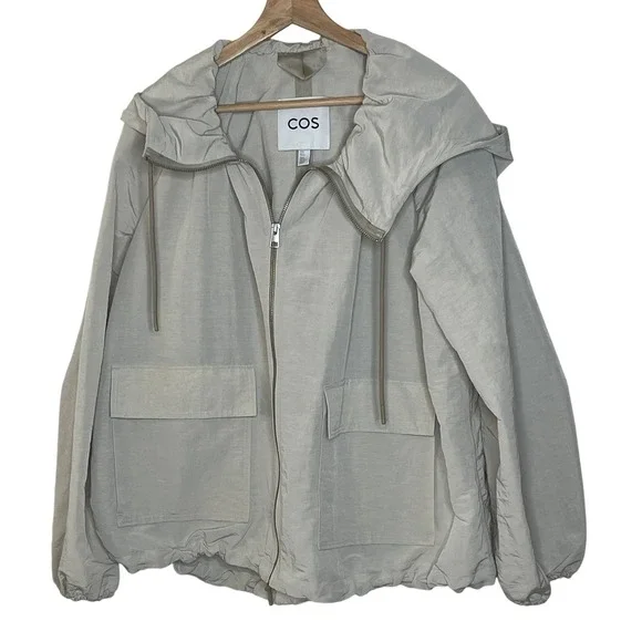 COS Womens XS Beige Hooded Zip Up Utility Jacket Minimalist Stone Windbreaker - Picture 1 of 8